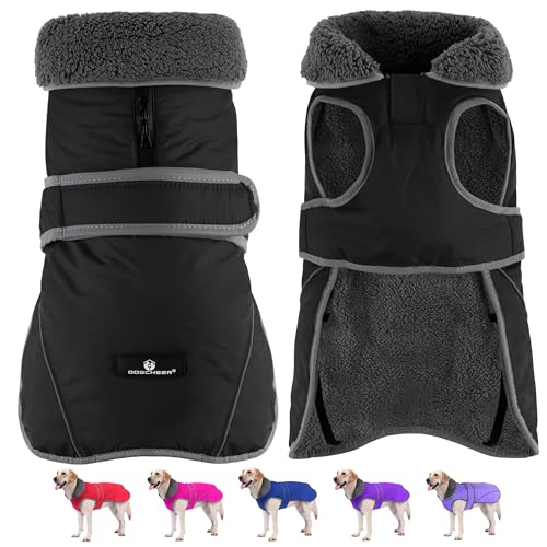Image of Dogcheer Dog Coat, Waterproof Dog Jacket Reflective Pet Winter Coat with Adjustable Hook & Loop, Christmas Puppy Fleece Jacket Warm Turtleneck Snowsuit for Small Medium Large Dogs - Black, L