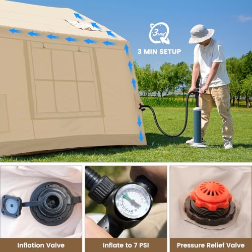 Image of Inflatable Tent, Easy Setup 4 /6 /8 /10 /12 Person Blow Up Tent with Hand Pump | Spacious 2-room glamping tent with quick inflatable setup and waterproof fabric for 4-season family camping adventures