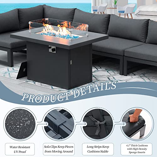 Nicesoul® 7 Pieces Aluminum Patio Furniture Set With Fire Pit Table 43" Propane Gas Convertable Csa Approved Outdoor Luxury Conversation Sofa Set With Firepit Grey Color For Poolside #TOP1
