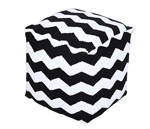 HOMESCAPES Black and White Square Cube Pouffe Chevron Style with Filling - 40x40x40 cm