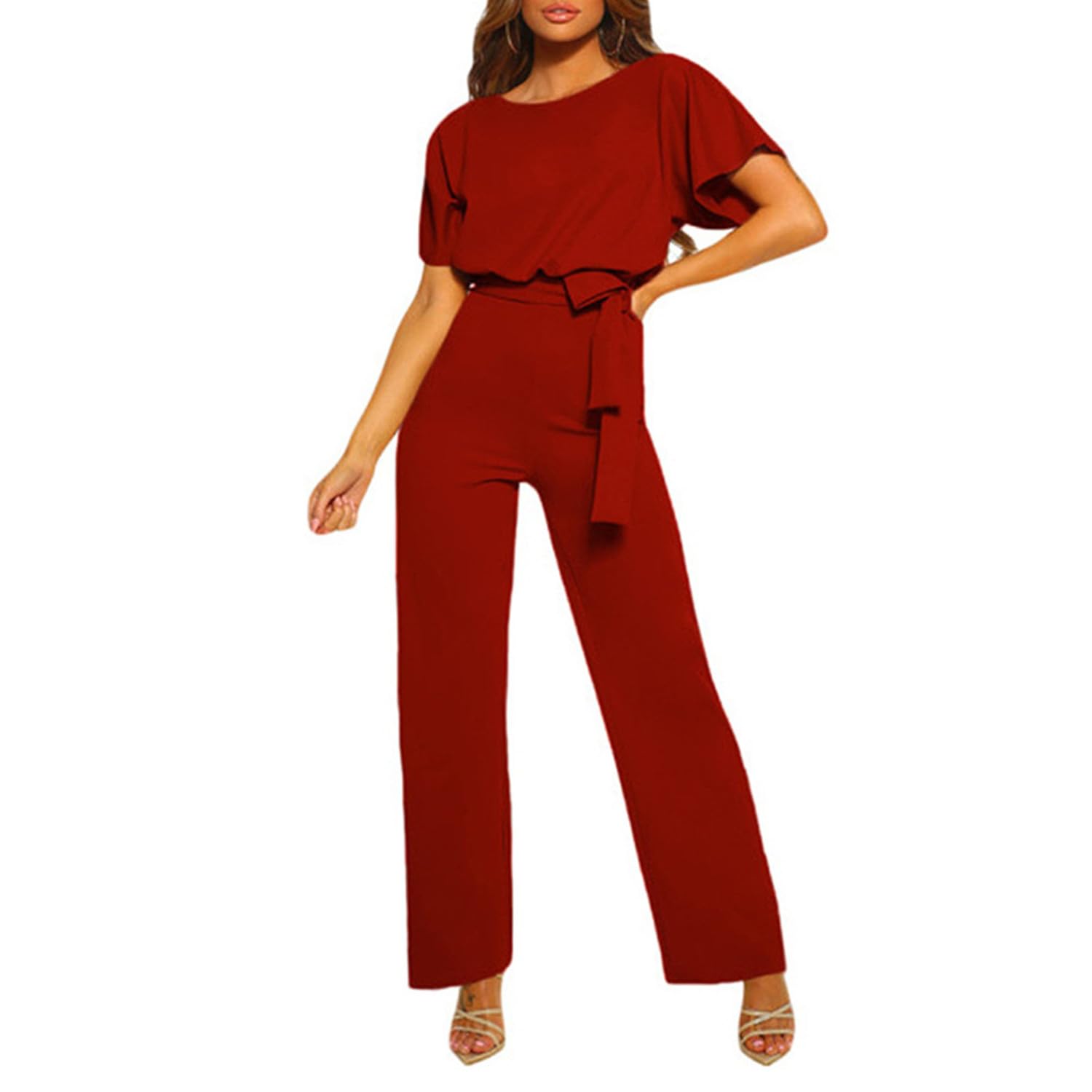 Bipily Mono Para Mujer Elegante Mono de Manga Corta Pantalones Mono Informal Suelto con Cinturón