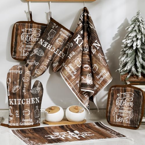 Leinuosen 6 Kitchen Towels Sets Kitchen Accessories Set with Oven Mitts and Pot Holders Farmhouse Oven Glove Decor for Cooking Baking Grilling Supplies(Brown,Grain)