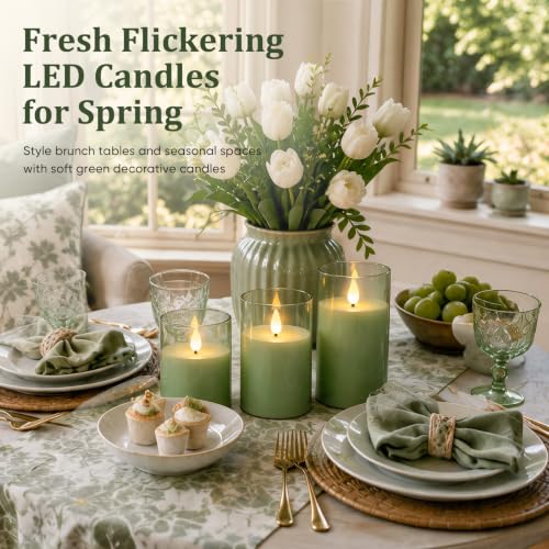 Image of Homemory Sage Green Flameless Candles, Acrylic LED Pillar Candles with Remote Timer, Set of 3