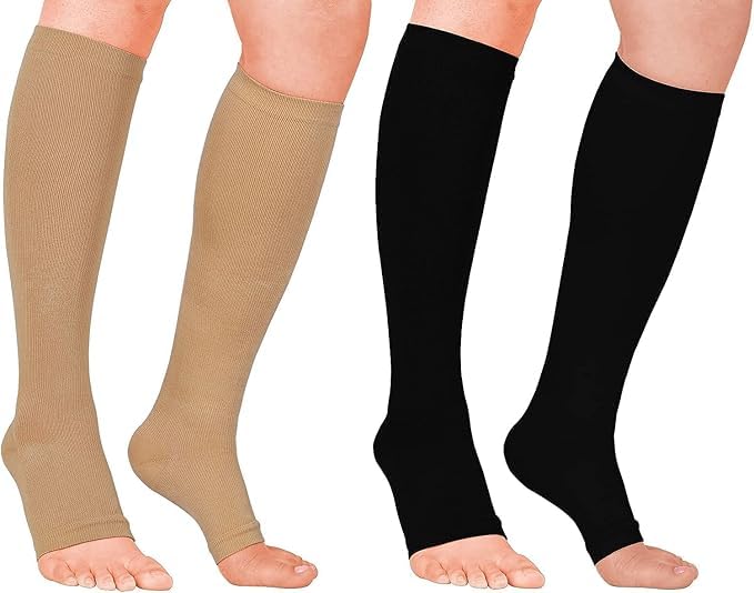 ASSHMHTC 2 Pairs Open Toe Compression Socks for Women, Men Knee High Wide Width Circulation 15-25 mmHg, Fit for Travel and Flight, All Day Wear(L/XL, Black/Beige)