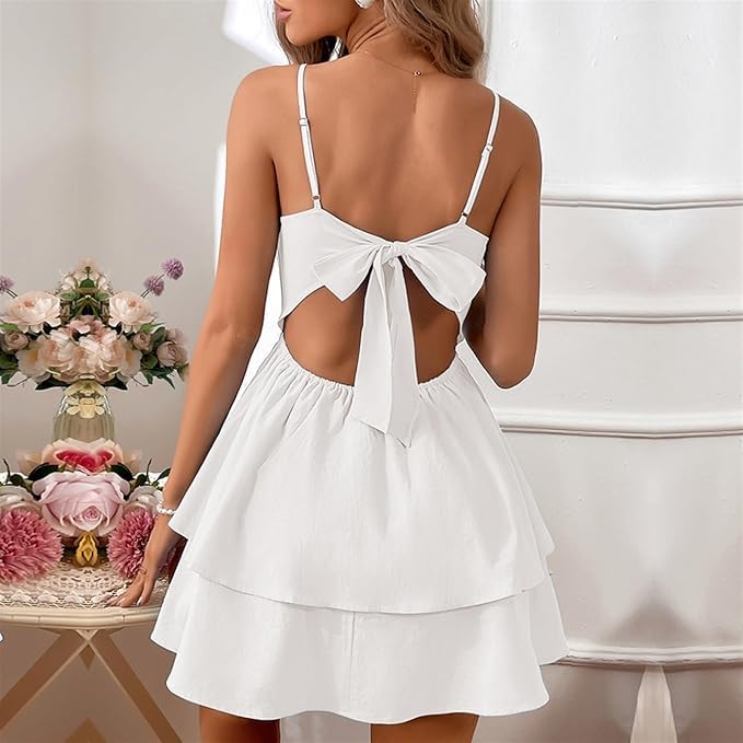 Image of Vimagcal Women's Backless Bow Tie Short Dress V Neck Summer Models Sexy Halter Dresses