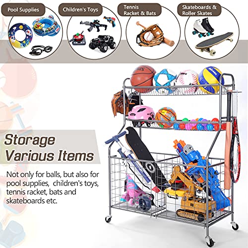 Sports Storage Organizer For Garage, Weyimila Ball Storage Garage With Baskets And Hooks, Rolling Sports Equipment Storage Cart With Wheels, Basketball Racks, Garage Sports Equipment Organizer (Gray) #TOP5