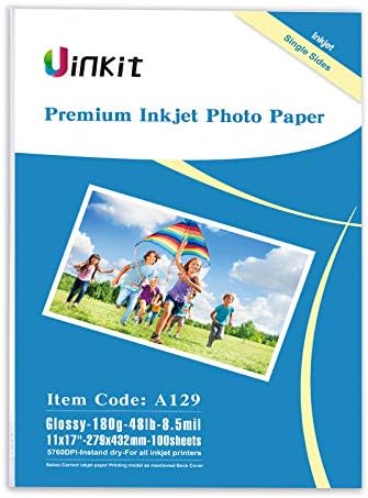 Uinkit 100 Sheets Photo Paper Glossy 11x17 Inkjet 50lb Single Side Print Poster Playbill Obituary Papers for Funerals Bulletin Gallery Show Photographic 11 x 17 Copy Printing A3 Value Packed