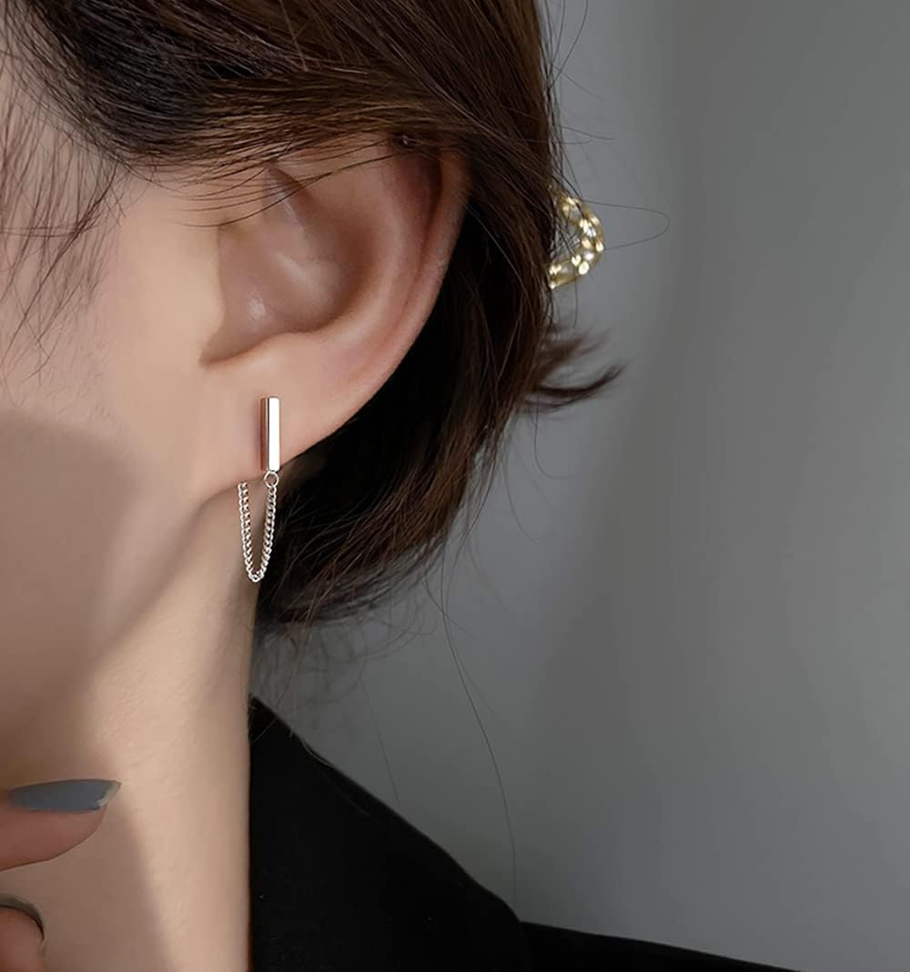 Reffeer Solid 925 Sterling Silver Bar Chain Dangle Earrings Drops for Women Teen Girls Bar Drop Earrings Chain Studs