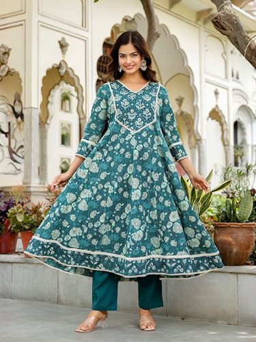 Image of Pure Cotton Anarkali Kurta Set for Women with Dupatta | 3 Piece Cotton Anarkali Suit | Floral Aari Work | Flared Ethnic Wear