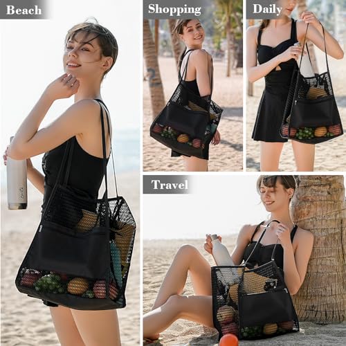 Image of Tavaleu Mesh Beach Bag, Beach Bags for Women, Woven Straw Beach Tote Bag Waterproof with Inner Pocket, Packable Beach Bag