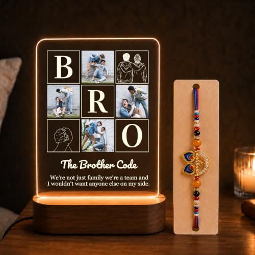 Image of Giftplease Customized LED Night Light Photo Frame Rakhi Gift Set for Brother | Personalized Acrylic Lamp with Premium Rakhi, Roli Chawal & Greeting Card | Perfect Rakshabandhan Hamper for Bhaiya