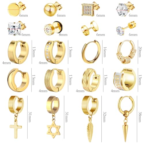 20 Pairs Stainless Steel Stud Earrings for Men Hypoallergenic Earring Unisex Punk Earring Hoop Hinged Dangle Cross Earrings for Men Women2