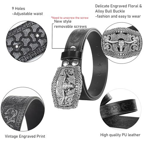 Image of Western Cowboy-Belts for Women Big-Buckle Longhorn-Bull PU-Leather Rodeo Cowgirl-Belt Engraved Floral - Waist 25-38 inch
