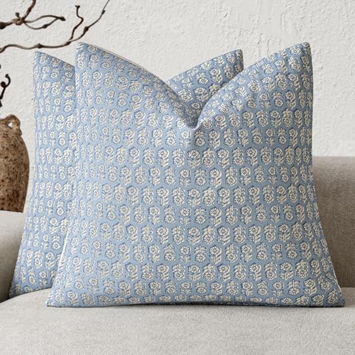 Image of Foindtower Set of 2 Decorative Vintage Floral Print Throw Pillow Covers Neutral Modern Farmhouse Cushion Covers Boho Home Decor for Sofa Couch Chair Bedroom Living Room Outdoor,22x22 Inch,Powder Blue