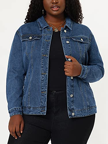 uxcell Women's Plus Size Jean Jacket Stitching Button Front Washed Western Outfit Denim Jacket2