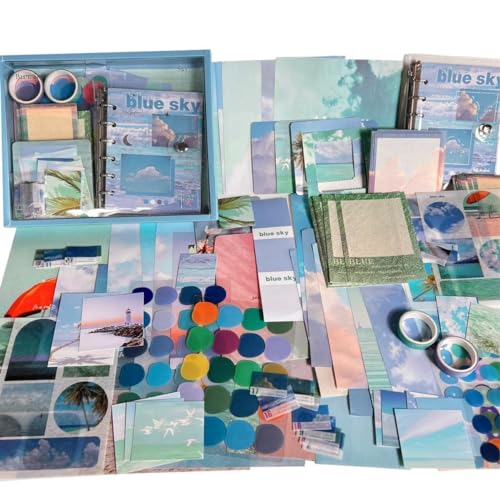 Image of 346Pcs Paper Vintage Aesthetic Scrapbook Kit Scrapbooking Supplies Kit With Bullet Junk Journal, Stationery, Washi Stickers A6 Grid Notebook Journaling Gift For Girl (Blue Sky Scrapbook)