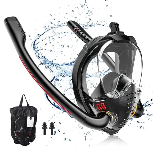 dellyy Máscara de Buceo, 180° Panorámica Mascara Buceo, Anti-Vaho Anti-Fuga Mascara Snorkel, Máscara de Snorkel Integral para Adultos y Niños, con Tapones para los oídos Impermeables (Negro, L/XL)