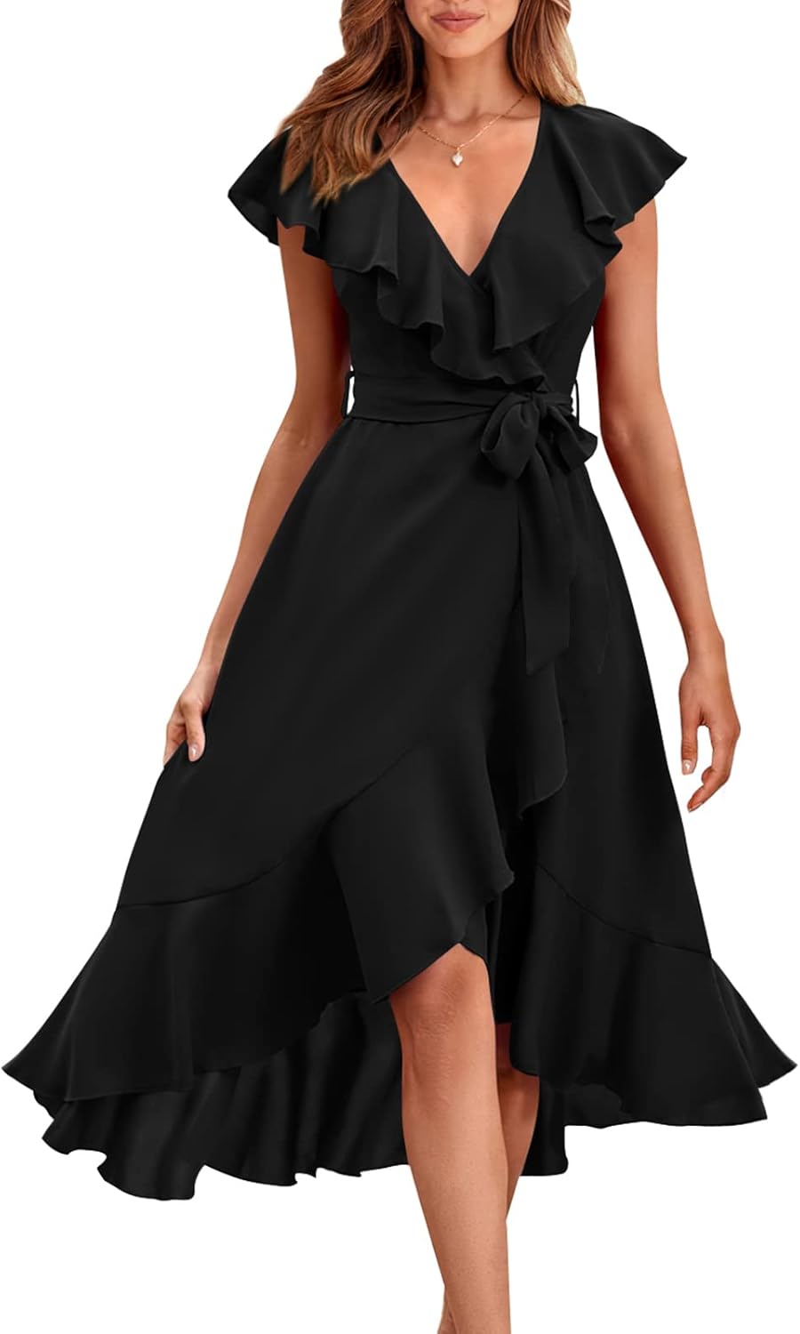 RETTYGARDEN Women’s 2025 Summer Cross Midi Dress Casual Boho Deep V Neck Short Sleeve Ruffle Hem Split Beach Long Dresses