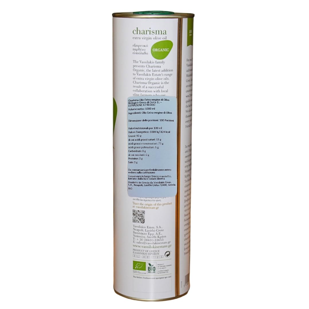 Charisma – Olio Extravergine di Oliva Biologico Greco di Creta, Lattina 1L | Estrazione a Freddo, 100% Naturale, Aroma Fruttato e Bilanciato