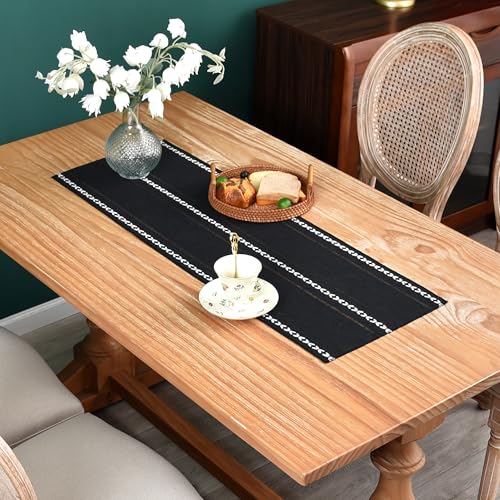 Farmhouse Rustic Table Runner Braided Stripe Table Runners Embroidered Table Decorations for Kitchen Living Room Dining Holiday and Party Black 13x36 Inch