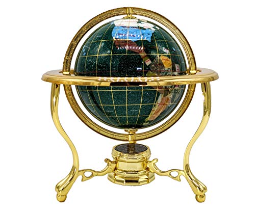 Unique Art 10-Inch by 6-Inch Green Crysbyite Ocean Table Top Gemstone World Globe with Gold Tripod