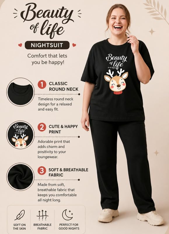 Image of My Swag Womens Cotton Printed Nightsuit Set |T-Shirt & Pajama Pants | Soft Breathable Sleepwear and Loungewear for Women