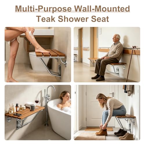 Banc de douche pliant en teck de 71 cm et acier inox élégant - 8