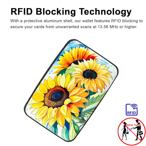 Image of Credit Card Holder, Metal Card Wallet RFID Blocking Mini Slim Aluminum Business Hard Card Case for Women Men (Watercolor Sunflower)