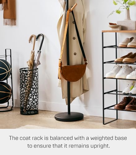 Yamazaki Home Plain Freestanding Coat Hanger Rack With Wooden Hooks, Space Saving, 70" - Steel