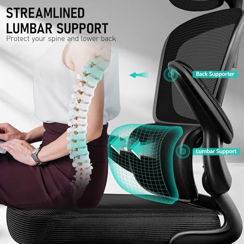 Image of BESTFAIR High Back Ergonomic Office Chair, Breathable Mesh Desk Chair with Lumbar Support, Adjustable Headrest, Flip-up Armrests, Computer Gaming Chair