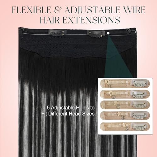 Image of Easyouth Wire Hair Extensions Ombre Human Hair Wire Extensions Balayage Black with Silver Fish Line Hair Extension Real Human Hair Blend Naurally 16 Inch 80g