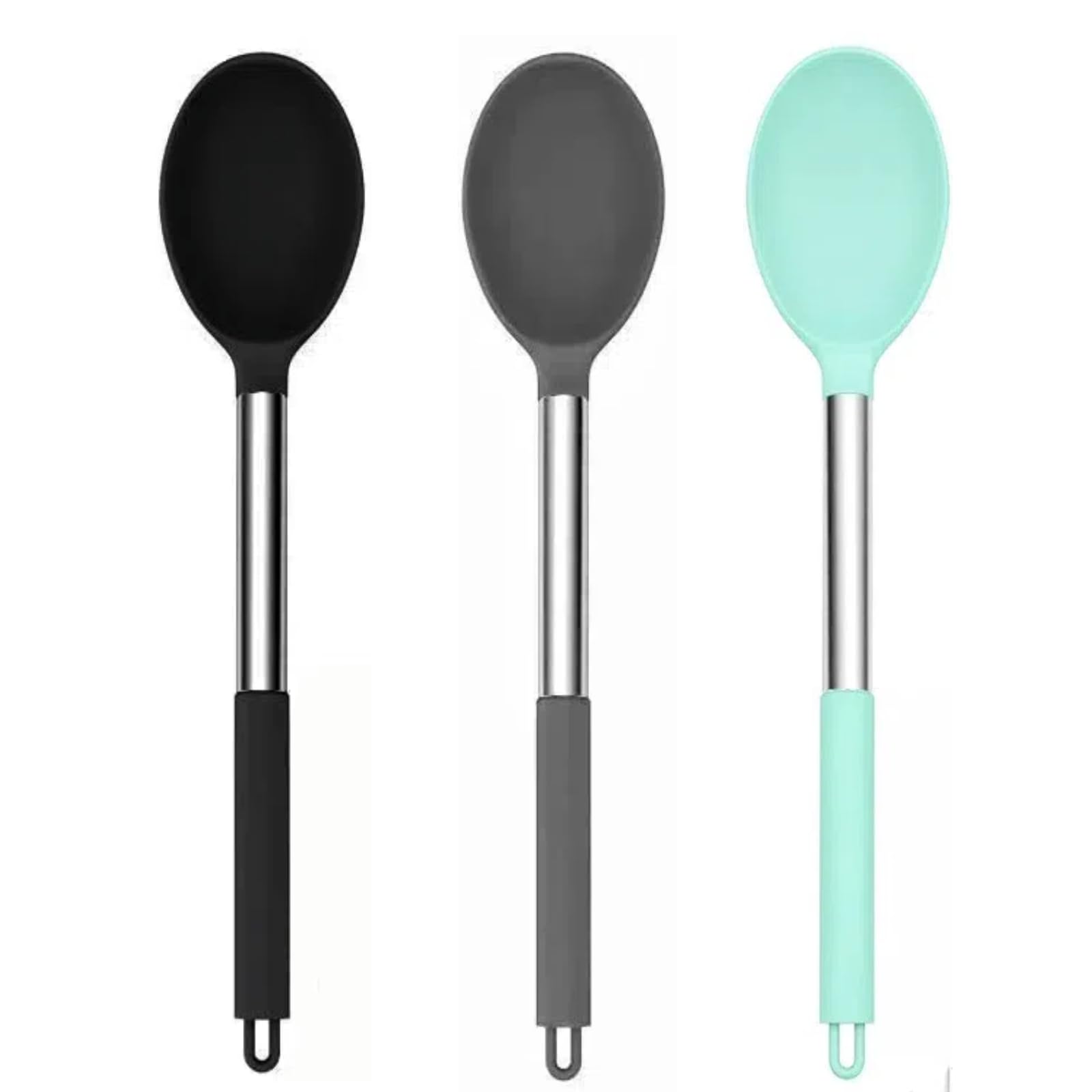 Juego de cucharas de cocina sólidas de silicona (13.2 pulgadas), paquete de 3 cucharas de servidor antiadherentes con mango grande de acero inoxidable resistente al calor 600 °F, cuchara de