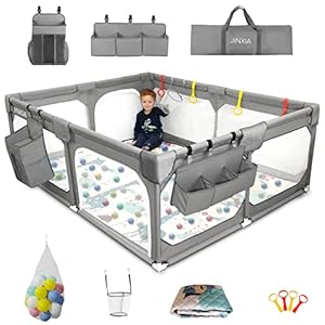 Baby Playpen with Mat 75″*59″, Extra Large Playpen for Babies and Toddlers with Storage Bag, BPA-Free, Non-Toxic, Safe No Gaps Playards for Babies, Sturdy Safety Play Yard for Indoor Outdoor Fun, Grey