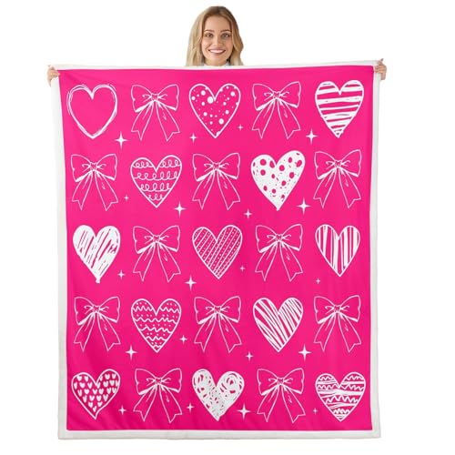 feelingyou Alfombra rosa para niñas, manta de felpa con estampado de corazones y lazo para decoración rústica del hogar, bonita alfombra de forro polar para decoración de sofá y habitación, alfombra