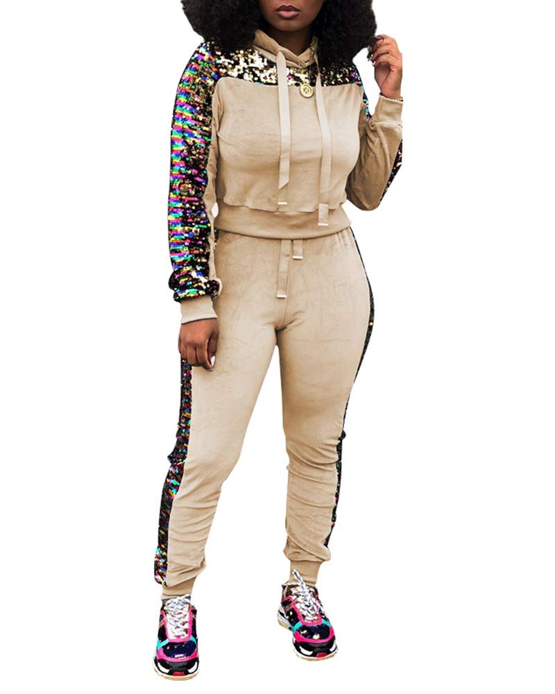 Womens Glitter Sequin Velvet Piece Outftis Long Sleeve