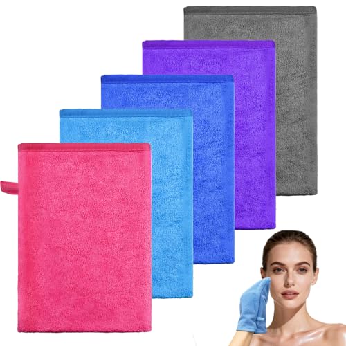 LIFEASY STORE 5 Pezzi Guanti da Bagno, Microfibra Spugna Doccia, Lavette Bagno 14x20cm, 5 Colori Serviette Visage, Manopola da Bagno per Bimbo Anziani Flanella, Asciugamani Viso con Laccio