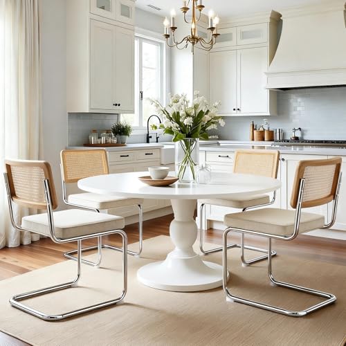 Image of Zesthouse Natural Rattan Dining Chairs Set of 4, Mid Century Modern Dining Chairs with Solid Wood Back & Chrome Base, for Kitchen Living Room, Breuer Design Inspired, Upholstered Linen Fabric, Beige