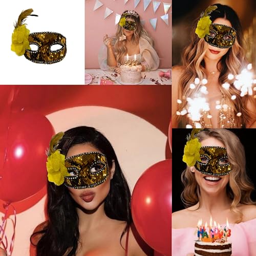 Image of Wanna Party Golden Sequin Masquerade Mask with flower for Women for Masquerade Party, Venetian party,Stage Performances,Eye Mask for Halloween, Birthday, Adult Party,50 shades of Grey Party