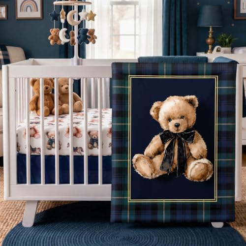 Image of Hahafelt 3 Pcs Tartan Plaids Bear Baby Crib Bedding Set Teddy Bear Plaid Theme Decor for Infant Bed Includes Quilt, Fitted Sheet, Skirt for Baby Boy Gifts
