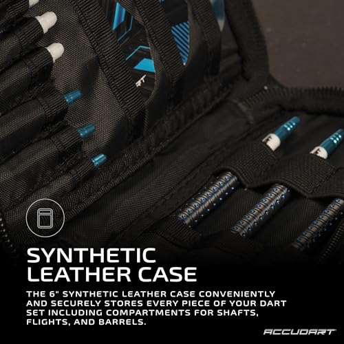 Accudart Steel Tip Dart Set - 80% Tungsten Barrel with Gem Cut Grip, Polycarbonate Shafts, Standard Flights, and Leather Case