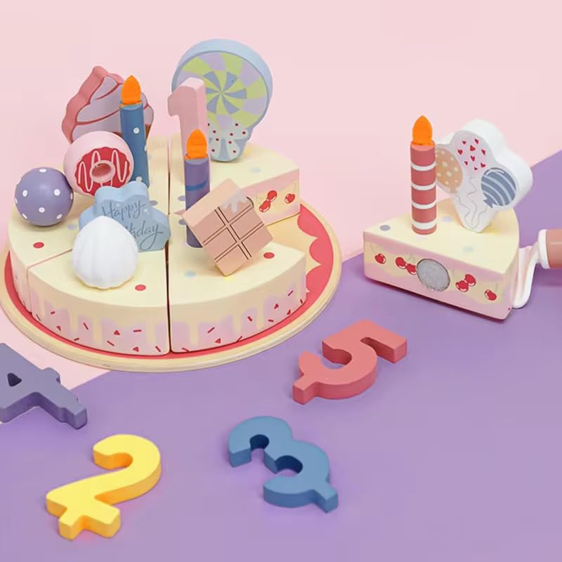 TOYARTSY Birthday Cake Cutting Playset for Kids | 24 Pcs Pretend Play Kitchen Toy | Educational Role Play Set with Candles, Fruits, Numbers & Knife | Fun Birthday Party Toy for Girls & Boys 2