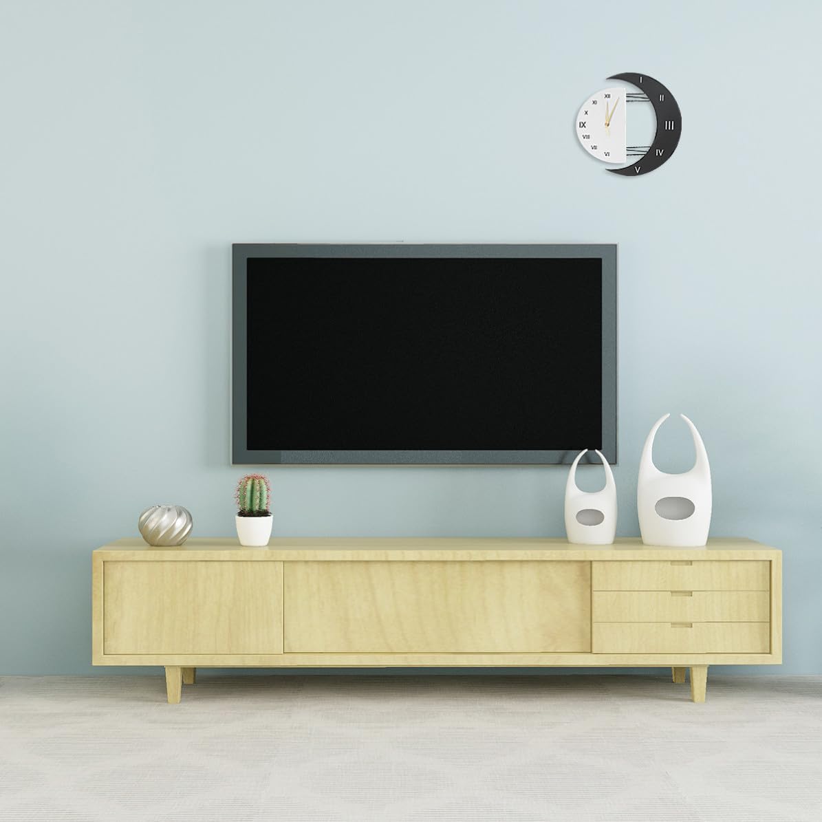 INOOMP Wanduhr aus Eisen und Holz mit Mond und Sonnenmotiv Kreative Moderne Geräuschlos ohne Tickgeräusche für Schlafzimmer und Wohnraumdekoration