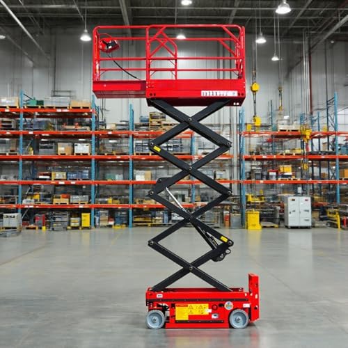 Industrial Hydraulic Scissor Lift Platform with Extended Platform and Folding Guardrail, Mobile Aerial Work Platform for Warehouse, Construction, and Indoor/Outdoor Maintenance Tasks