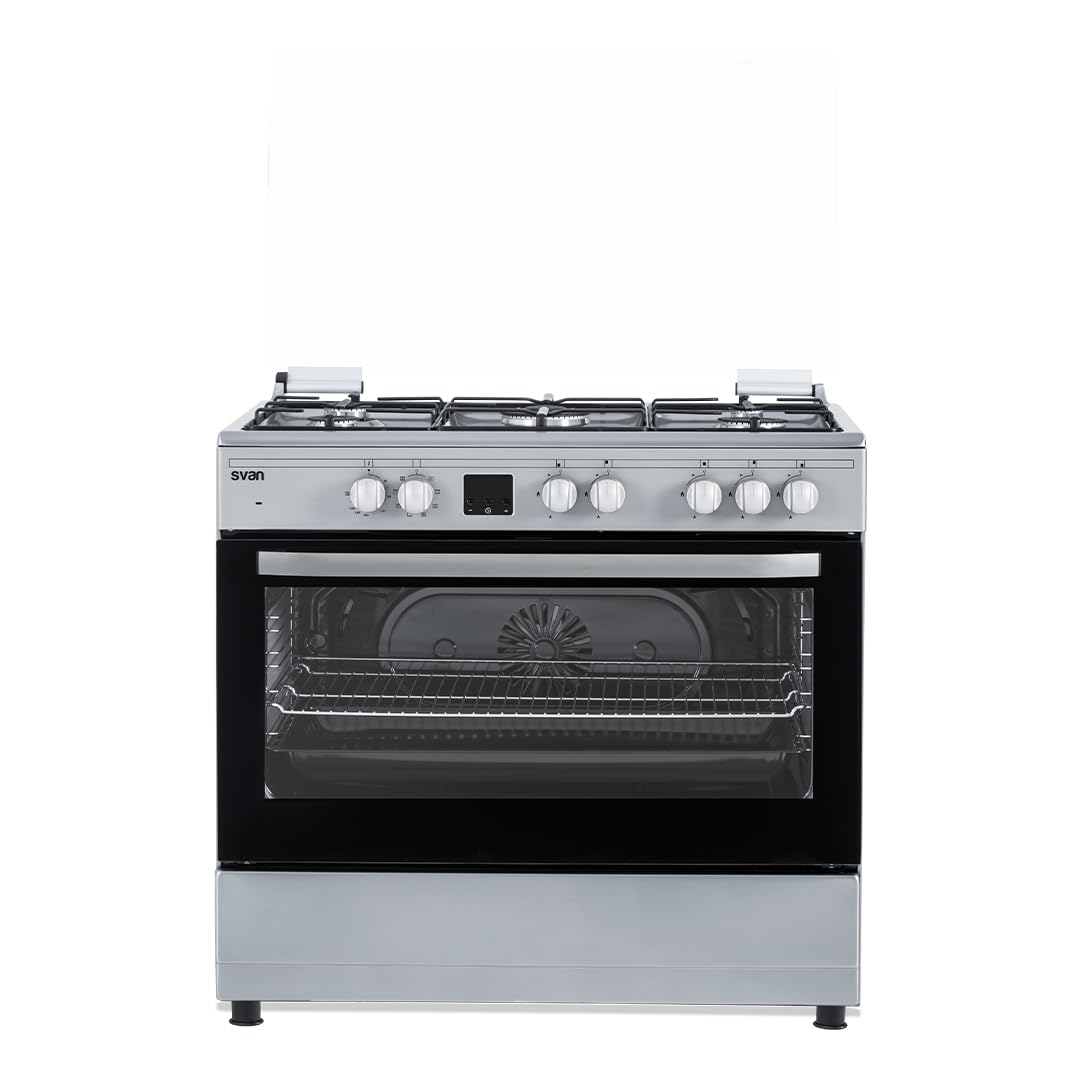 Svan Cocina Mixta gas Butano 5 Zonas de Cocción, Horno 97 L, Inox SKMW5901X. Control Manual, Quemador WOK triple llama, 9 Programas de Cocción, Tapa Abatible