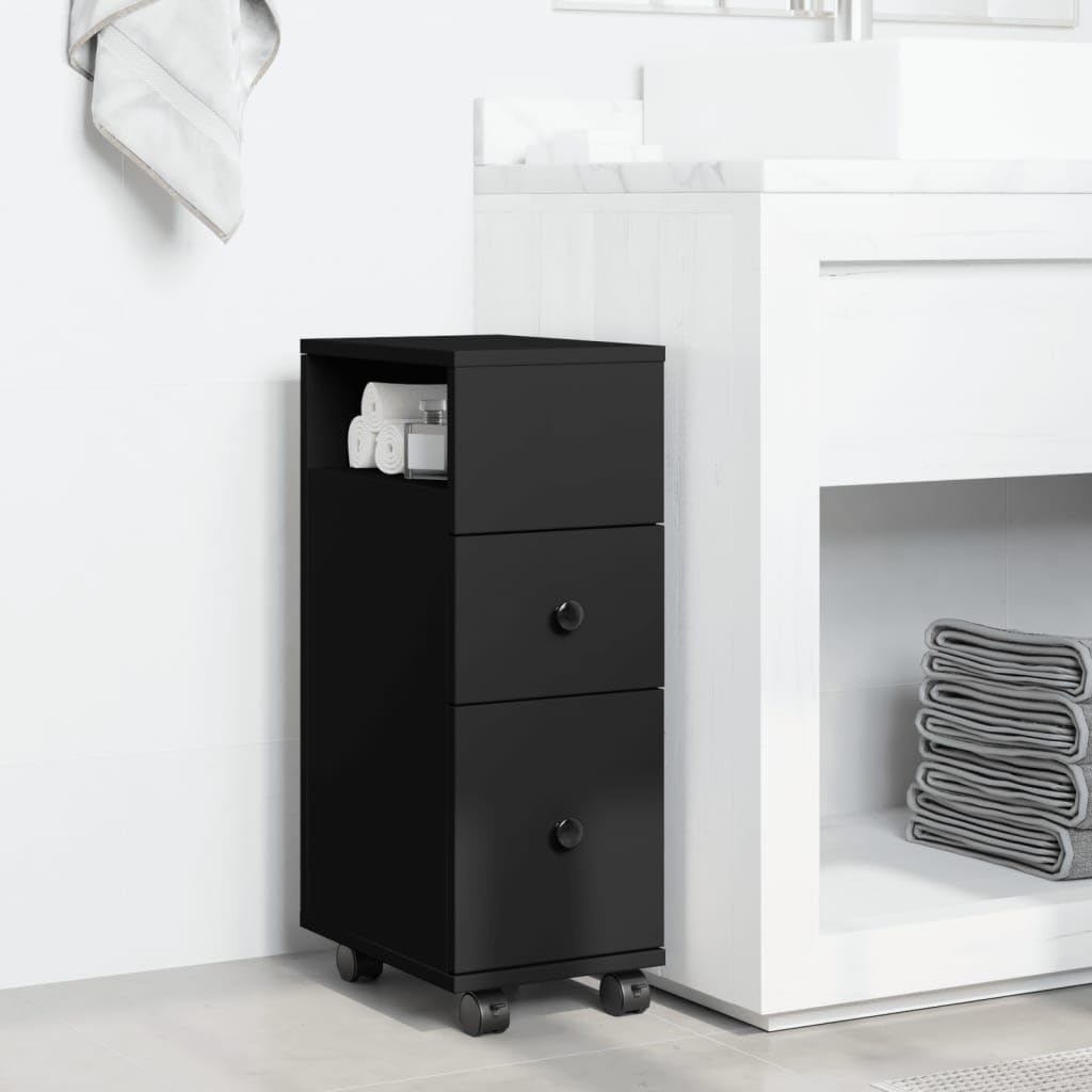Mobile Bagno Stretto con Ruote Nero in Truciolato 2 Cassetti
