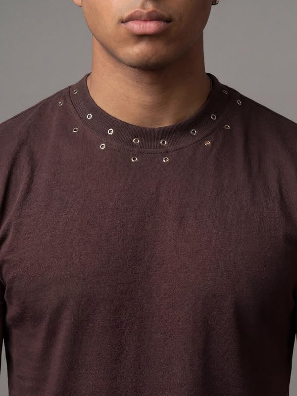 Image of FUGAZEE 100% Cotton Brown Eyelet Detail Cropped T-Shirt | Short Sleeves & Round Neck