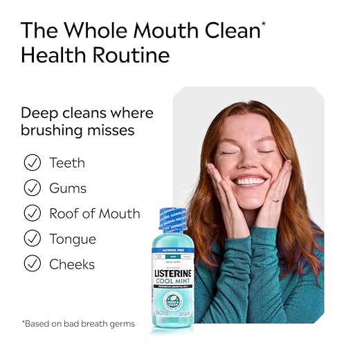 Image of Listerine Cool Mint Alcohol-Free Mild Mouthwash, Oral Rinse Kills 99.9% of Germs that Cause Bad Breath, Less Intense Taste, Mild Mint Flavor, 3.2 fl. oz