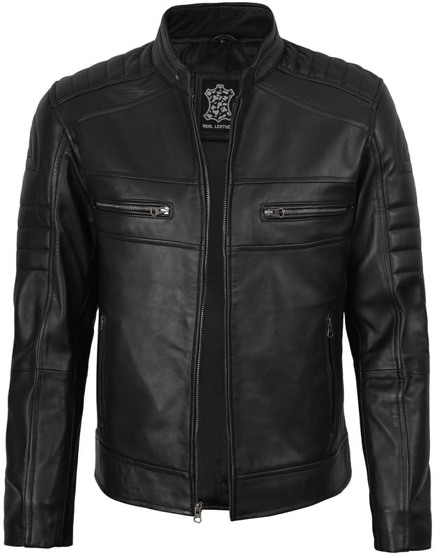 Image of Decrum Cafe Racer Leather Jacket for Men - Real Lambskin Motorcycle Style Mens Jacket with Zipper Closure