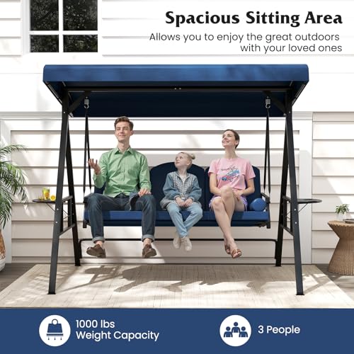 Image of Tangkula 3 Person Porch Swing, Outdoor Swing with Adjustable Canopy, Thickened Cushions & Pillow, Metal Frame, Foldable Side Tray for Backyard, Garden and Poolside (Navy)