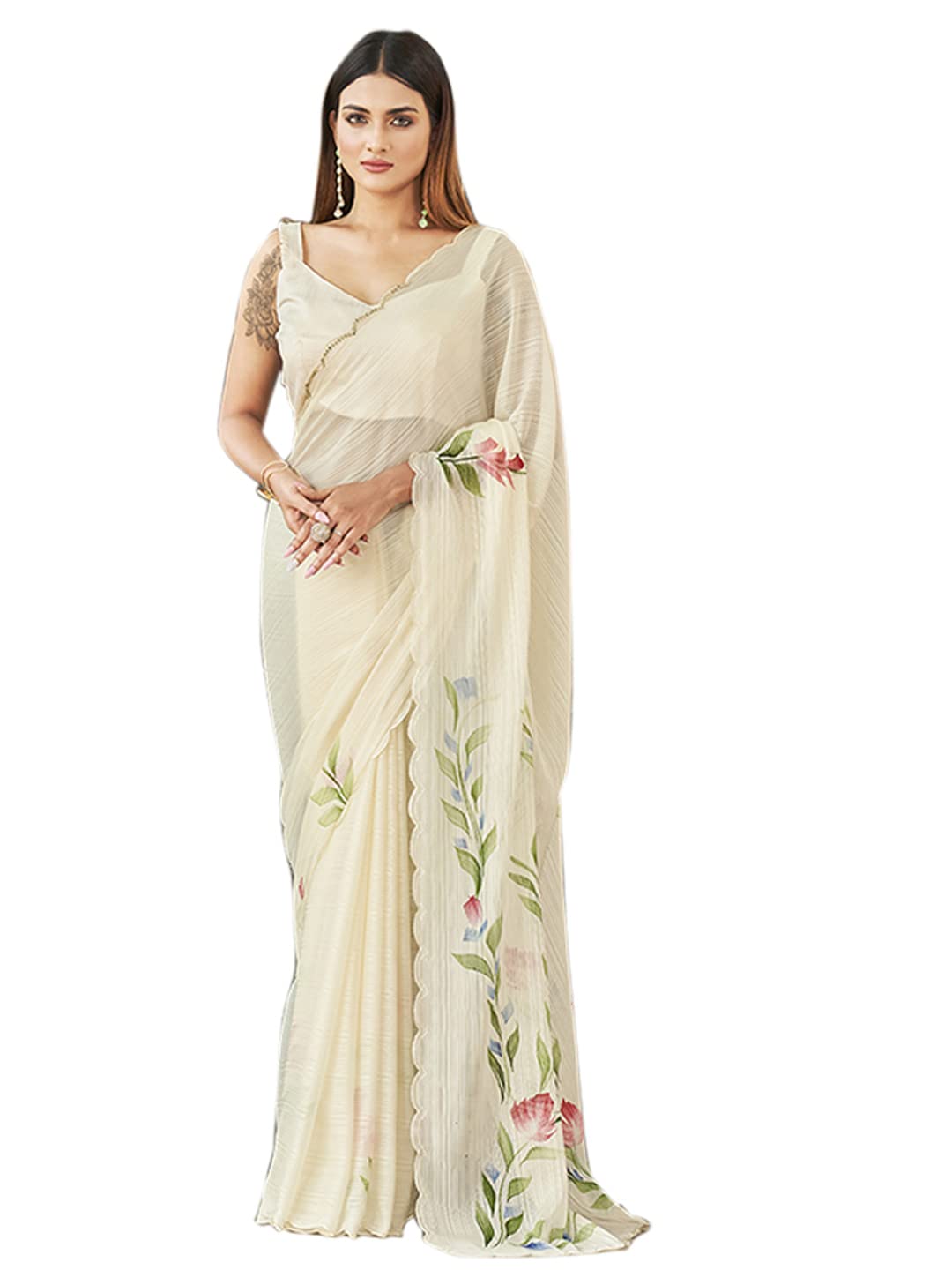 womanista Women's Satin Hand Print Saree(TI3313_Cream_Onesize)-picture-20